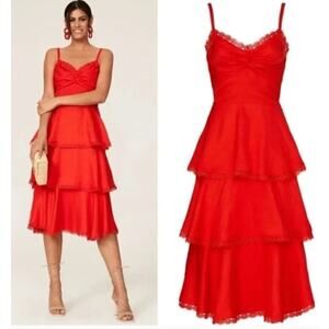 Marchesa Notte Dress Sleeveless Sweetheart Neck Ruffle Tiered Midi Red Size 20